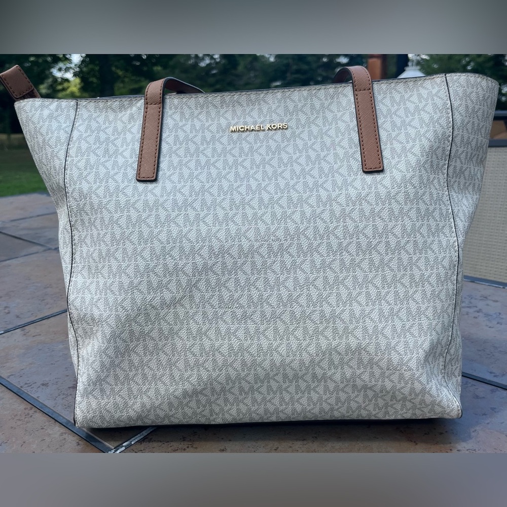 Authentic Michael Kors Monogrammed Gray Tote with Tan Handles